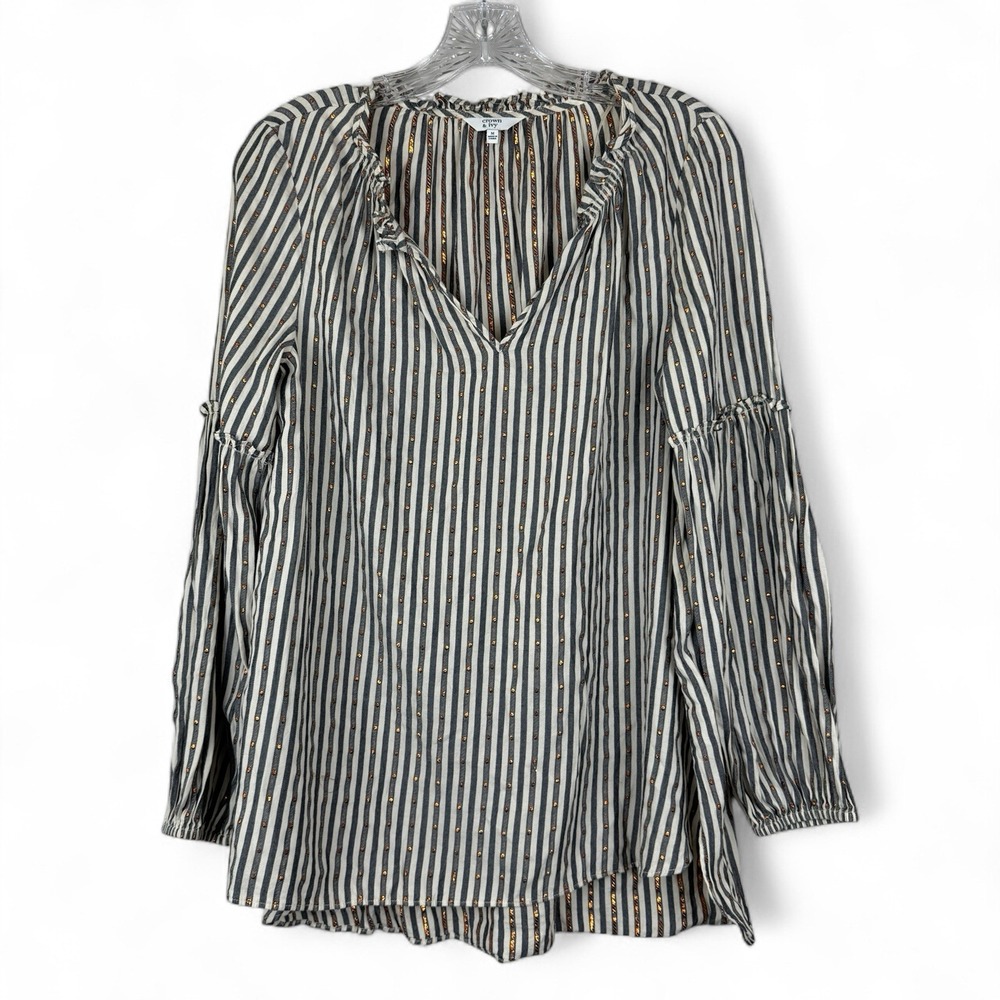 Crown & Ivy Top Womens Size Medium Blue White Striped with Metallic Dots V Neck